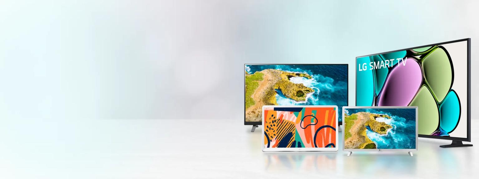 A family of TVs in different sizes with colorful infills.