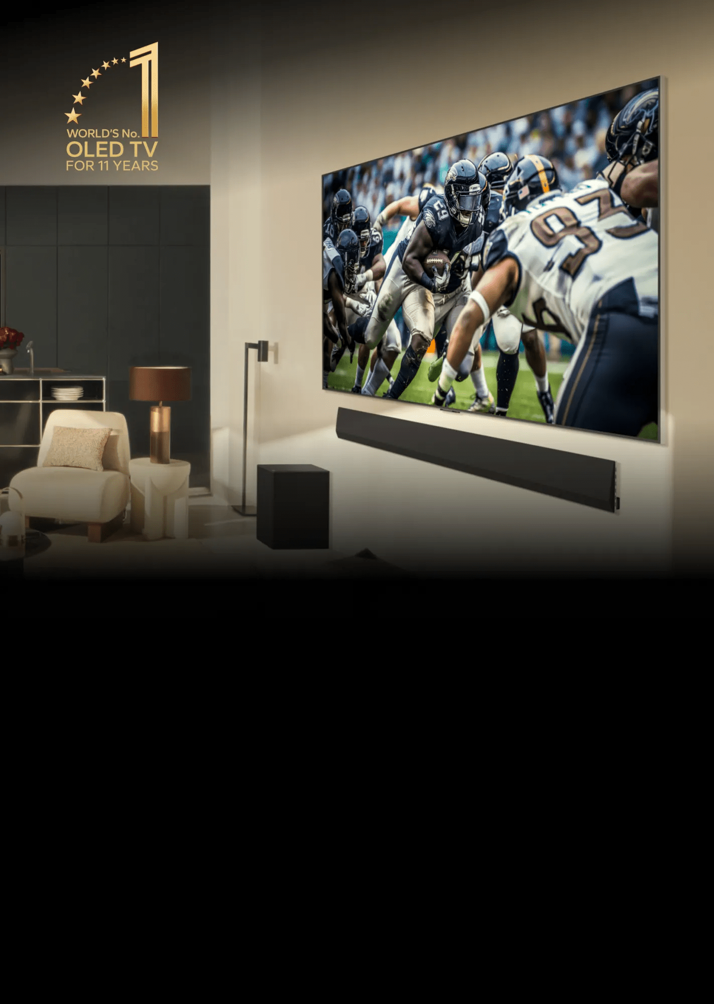 A wall-mounted television in a cozy living room setting, enhancing the space's modern aesthetic and functionality.