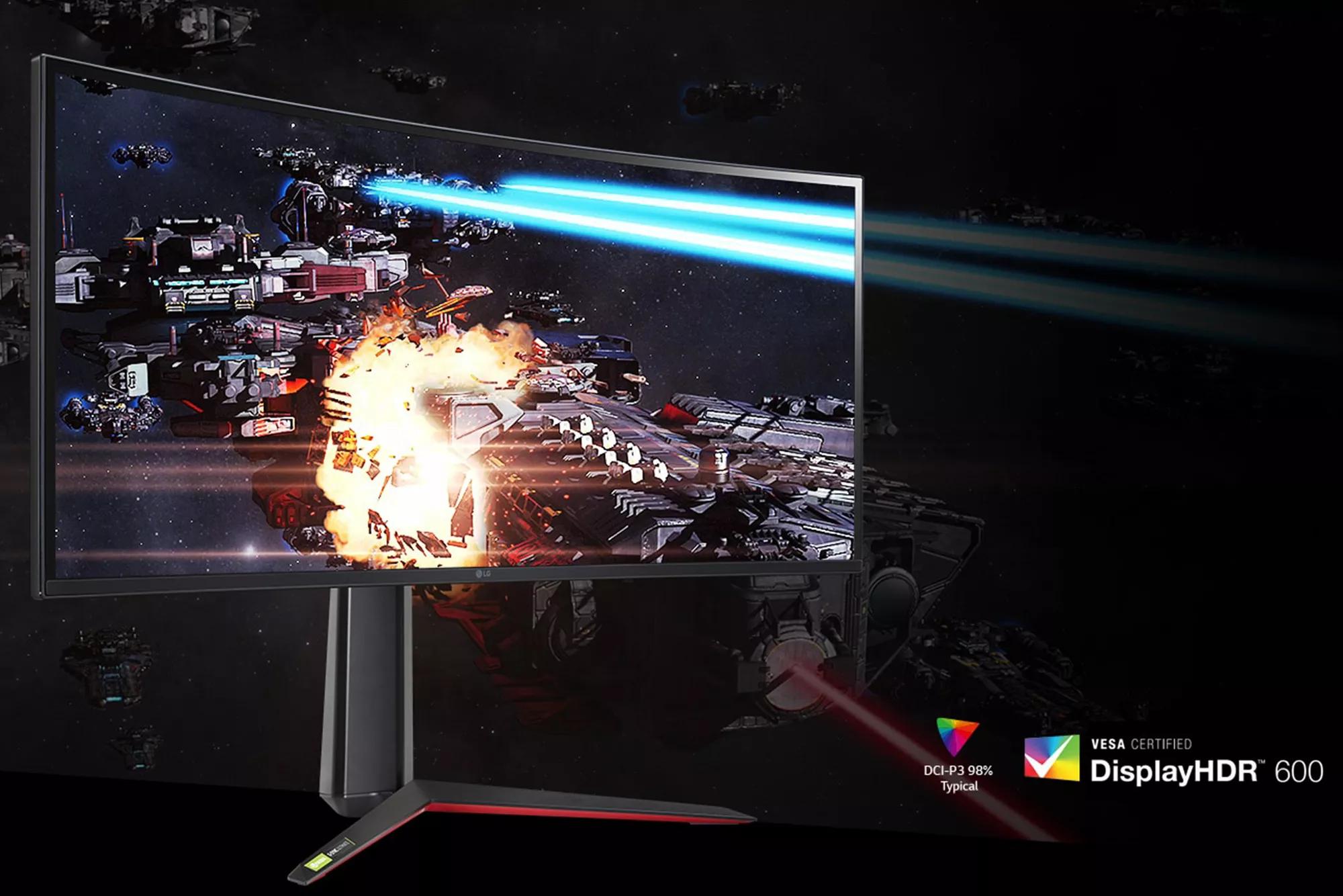 LG UltraGear curved gaming monitor displaying gaming scene in rich colors and contrast with VESA Display HDR600