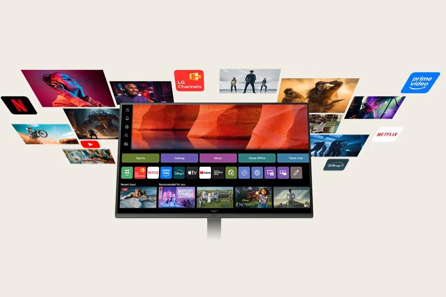32U701SB-B Smart Monitor with streaming apps and content services displayed on screen