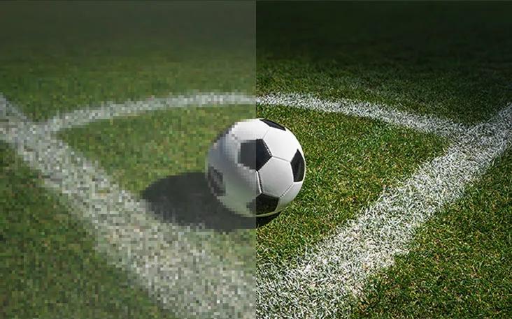 LG TV for sports viewing with AI upscaling shows a split-screen close-up of a soccer ball, where the left side appears blurred and the right side sharper with clearer turf texture, illustrating improved clarity for sports viewing.