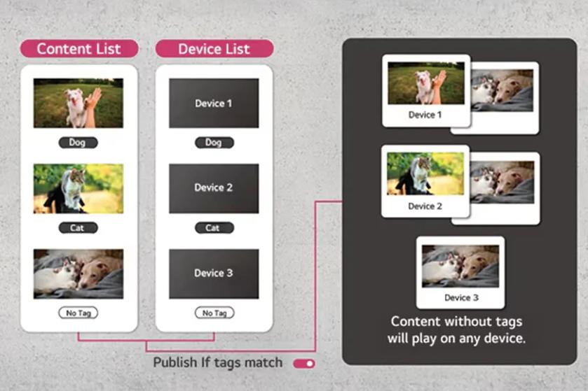 Diagram showing content distribution to devices based on tags.
