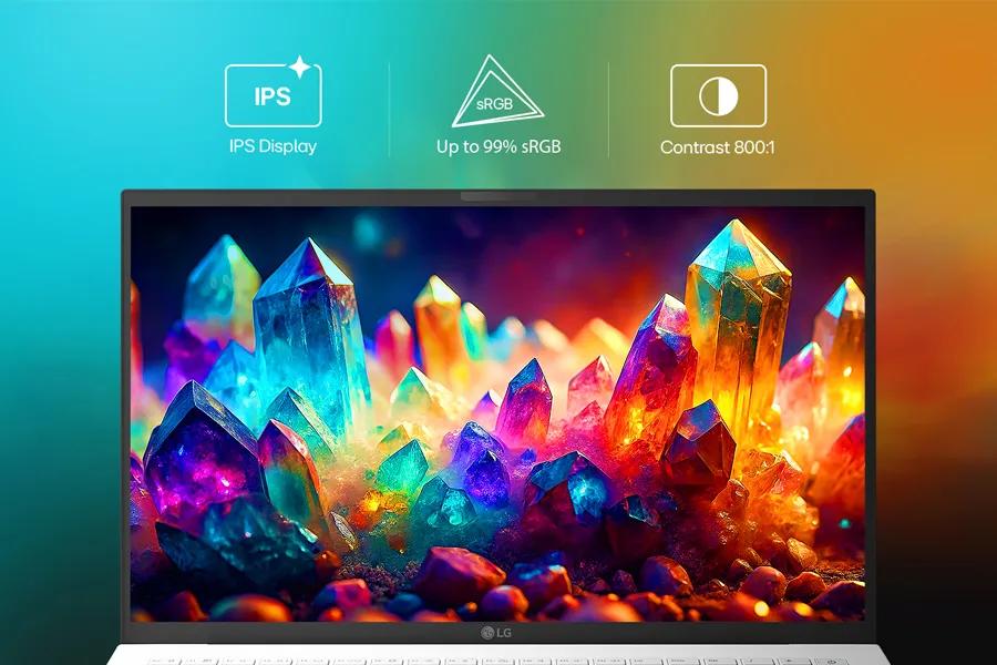 LG 15Z90U-H.AS57U1 laptop with IPS Display, Up to 99% sRGB, and Contrast 800:1 features showing vibrant crystal image on screen