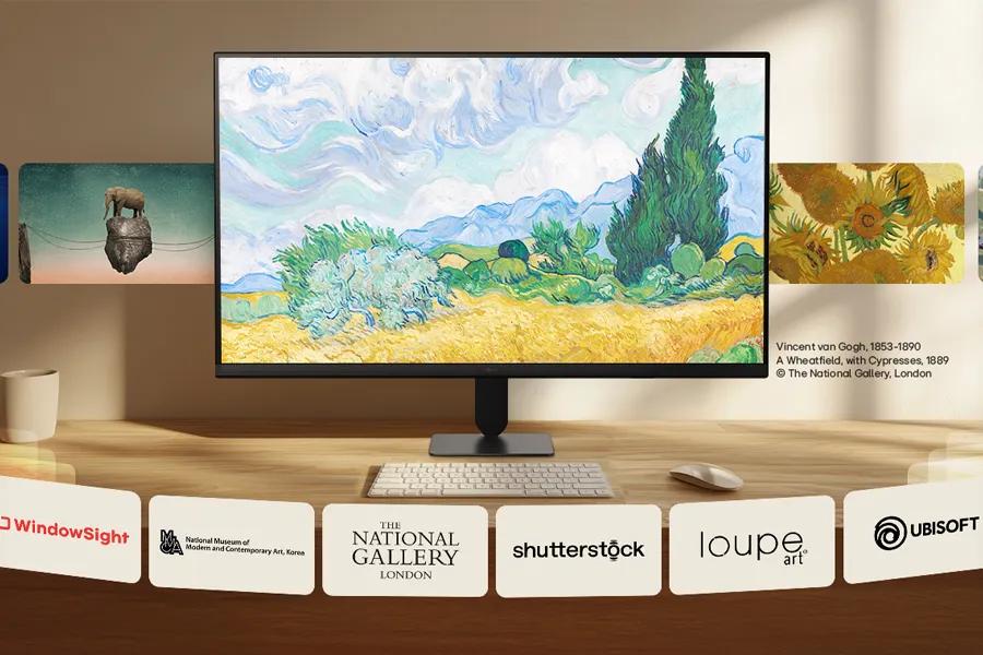 LG 32U701SB-B SmartMonitor displaying Vincent van Gogh A Wheatfield with Cypresses 1889 from The National Gallery London with content partner logos