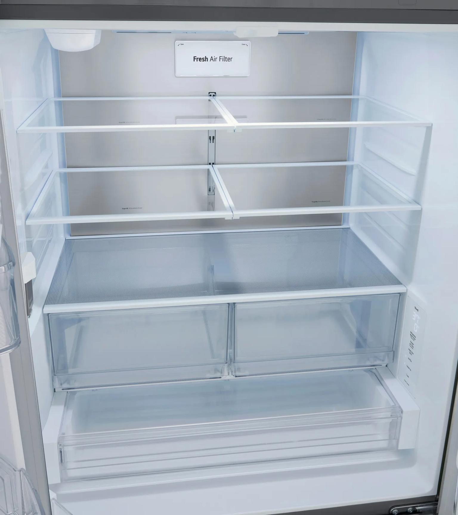 LG LRFLC2726S French Door Refrigerator interior with Fresh Air Filter, adjustable shelves, and crisper drawers