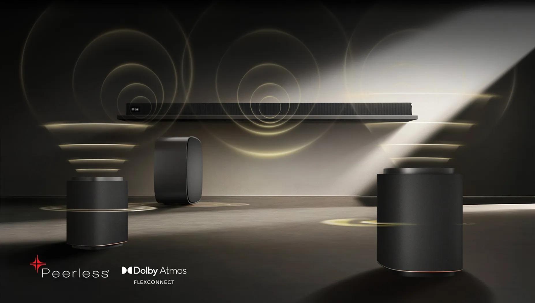 Close-up view of an LG Sound Suite system emitting circular sound waves, illustrating Peerless interacting with Dolby Atmos FlexConnect audio.
