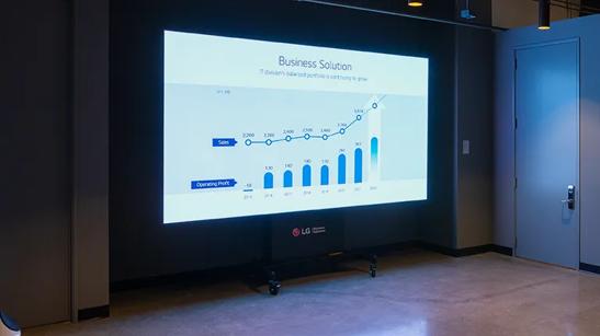 LG Direct View LED display on the wall of the LA Business Innovation Center, showing a bright and bold example business chart. 