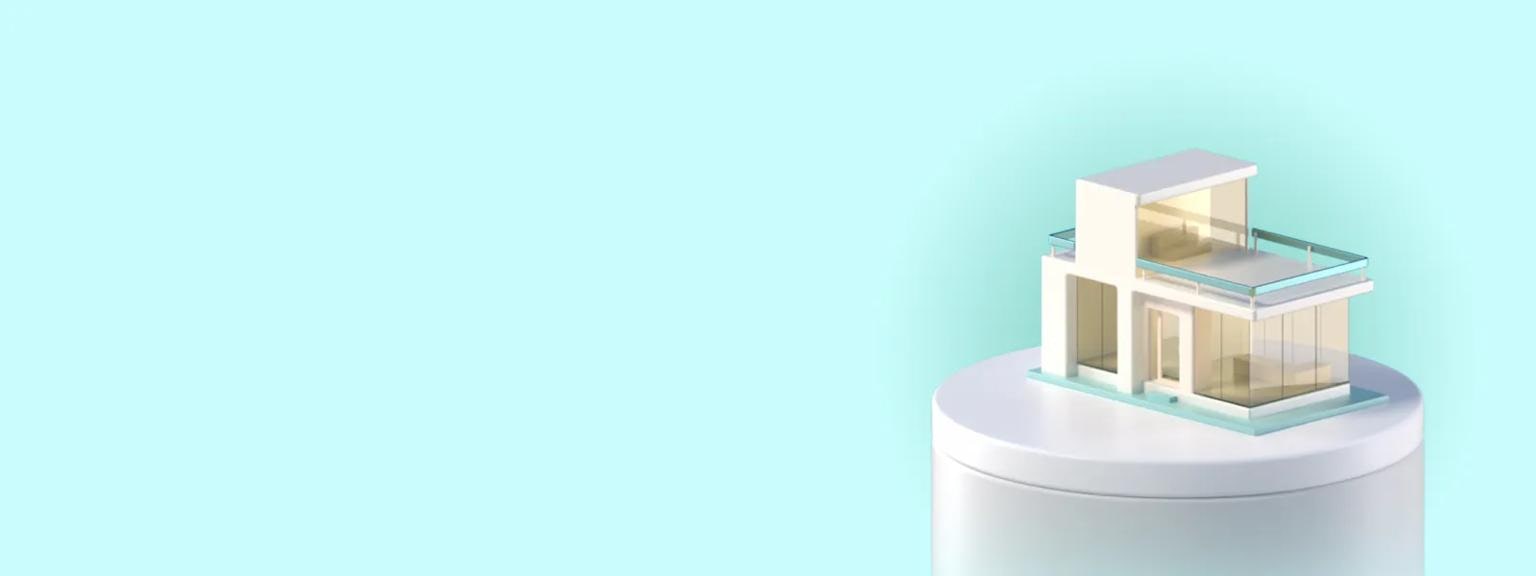 Model of a modern two-story building on a circular white platform against a pale turquoise background.