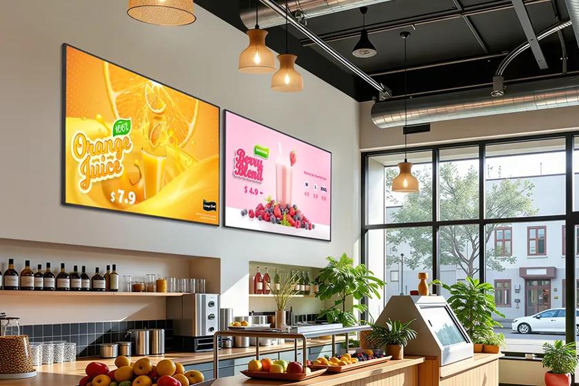 Interior of a cafe with digital screens advertising orange juice and berry smoothies.