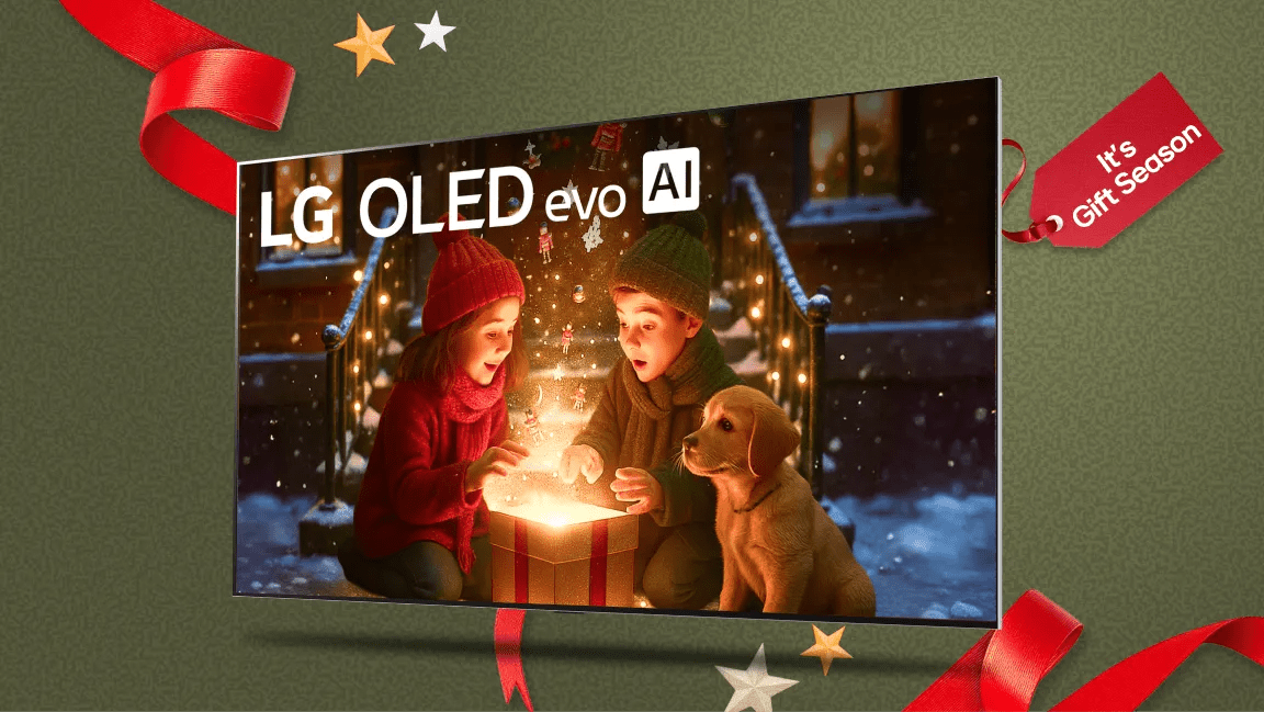 “It’s gift season” badge. LG OLED TV appears on holiday-themed background.