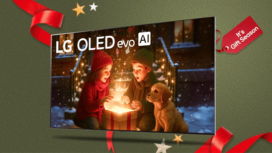 “It’s gift season” badge. LG OLED TV appears on holiday-themed background.