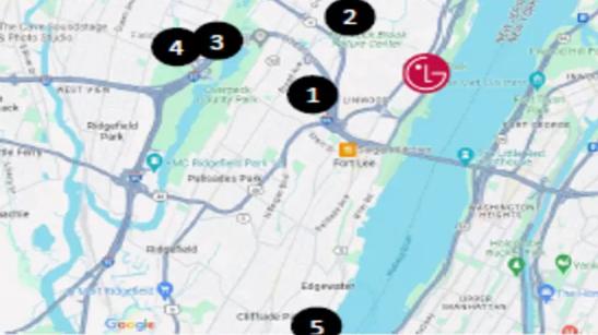 A map of the area, with the locations of five hotels marked and numbered in black, and an LG logo marking the location of the New Jersey BIC.