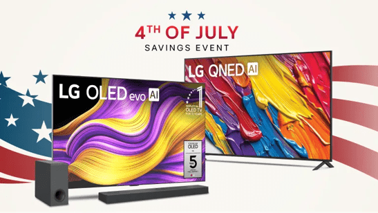 “4th of July Savings Event” title badge. A group of LG TVs and a soundbar on a stars and stripes background. 