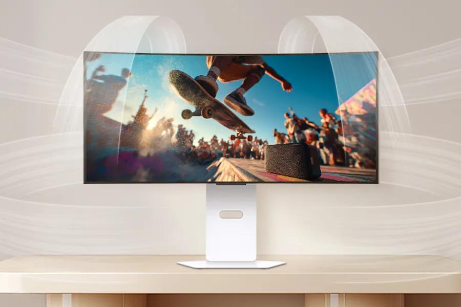 LG 34GX90SB-W 34-Inch UltraGear OLED Gaming Monitor with AI-enhanced features displaying skateboarding scene