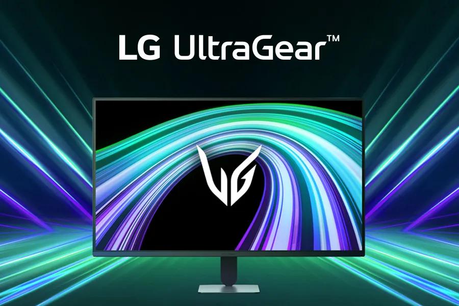 LG 32G403B-B UltraGear Monitor with colorful motion graphics and LG UltraGear branding