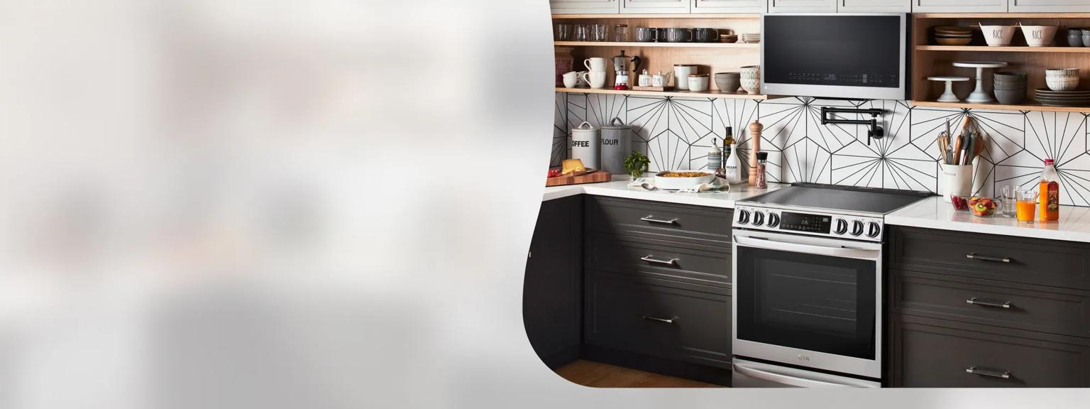 An LG Cooktop and over-the-range-microwave appear in .a bright kitchen setting. 