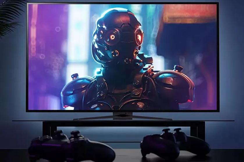 A futuristic robot displayed on an ultragear monitor with two gaming controllers in front.
