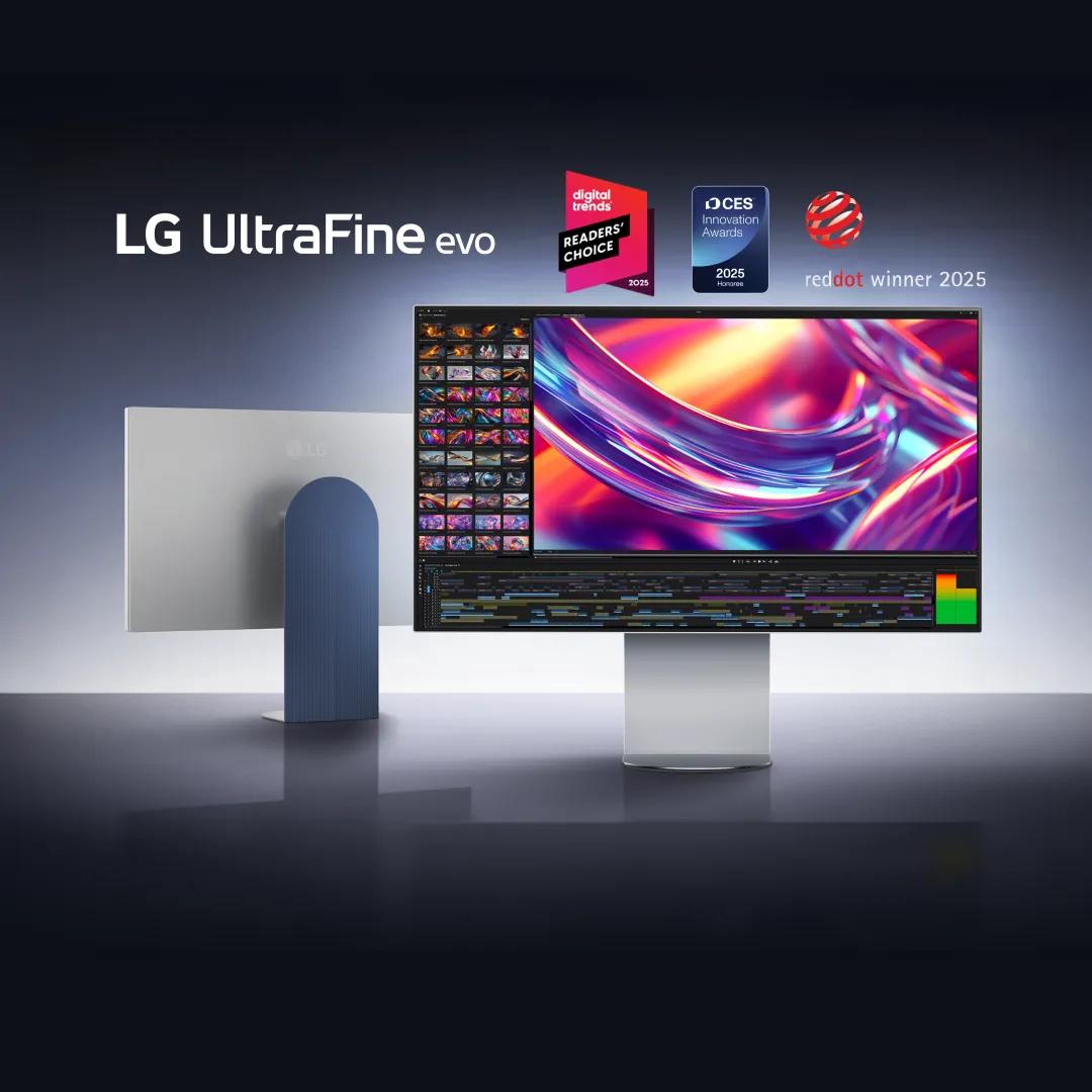 “LG UltraFine evo” title badge. A back and front profile of the monitor on a silver background. “Digital Trends Readers’ Choice 2025” badge. “CES Innovation Awards 2025” badge. Reddot winner 2025” badge.