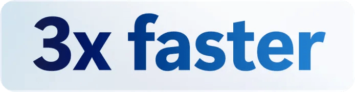 Text reading '3x faster' in a gradient, transitioning from navy blue to light blue, is inside a white box with rounded edges against a sky-colored gradient background.