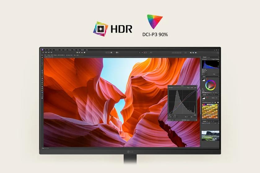 Front view of a white LG monitor displaying vivid canyon imagery with color correction tools, highlighting HDR and 90% DCI-P3 color coverage.