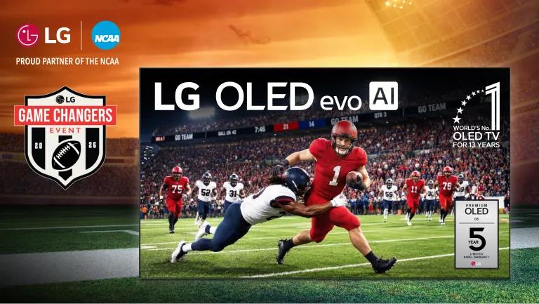 LG OLED evo AI TV displaying a college football game, with LG and NCAA logos, Proud Partner of the NCAA text, LG Game Changers Event 2026 badge, World's No. 1 OLED TV For 13 Years badge, and Premium OLED 5 Year Limited Panel Warranty badge.