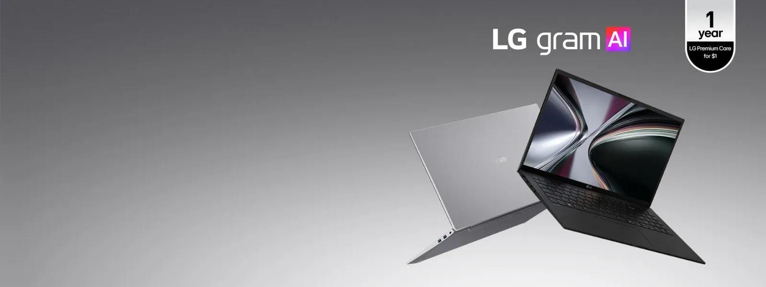 “LG gram AI” title. 2 laptops appear back-to-back. “1 year of LG Premium Care for $1” badge.