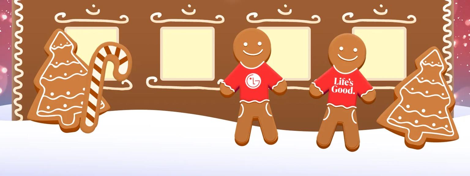 Bottom of LG Holiday Headquarters gingerbread office, with gingerbread people in LG sweaters next to gingerbread trees and candycane.