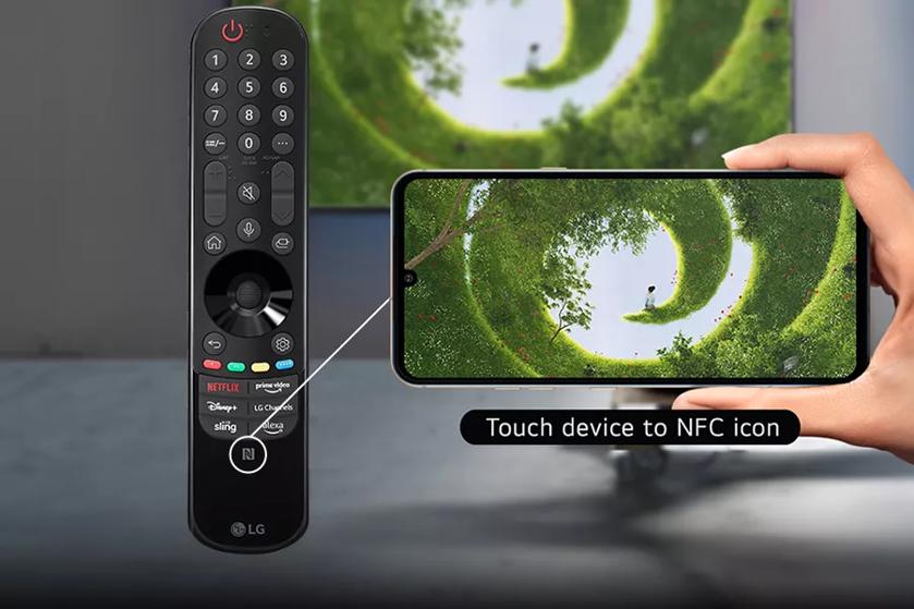 A smartphone held up next to an LG Magic Remote with a line drawn from the NFC icon on the remote to the phone to indicate how mobile devices can connect to the TV through touch.