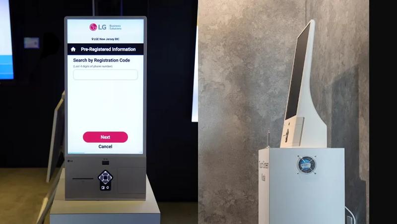 An image split in half, offering two views of an LG touch screen kiosk display in the LG New Jersey Business Innovation Center. On the left the kiosk is seen head-on, with the display showing a welcome screen inviting visitors to check in. On the right is a side profile. 