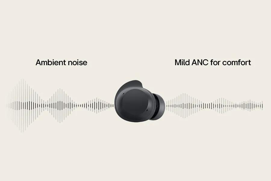 Image of one earbuds showing how Ambient noise filters through to Mild ANC