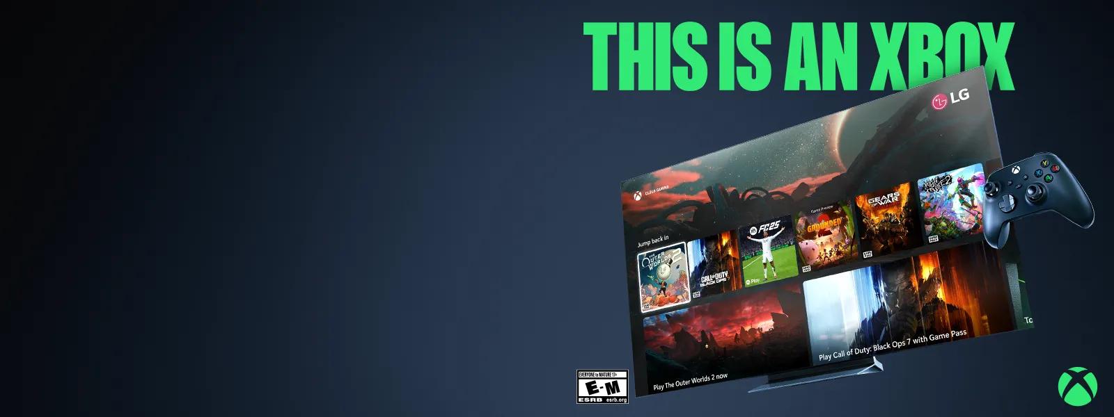 Two LG TVs showing Xbox Game Pass titles: 'South of Midnight' on the left and 'Halo Infinite' on the right, with Xbox and Game Pass logos.