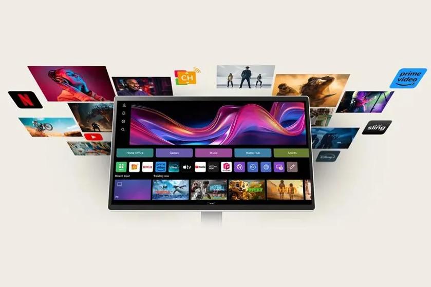 A computer monitor displays media apps and content thumbnails with floating streaming service icons around it.