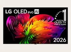 The front view of LG OLED evo AI W6 Wallpaper TV features its clean Wallpaper design, while a dynamic abstract composition of wave-like color gradients in vivid multicolors flows seamlessly across the screen.