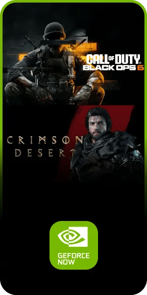 webOS gaming content card featuring Call of Duty: Black Ops 6 and Crimson Desert game artwork with GeForce NOW badge.