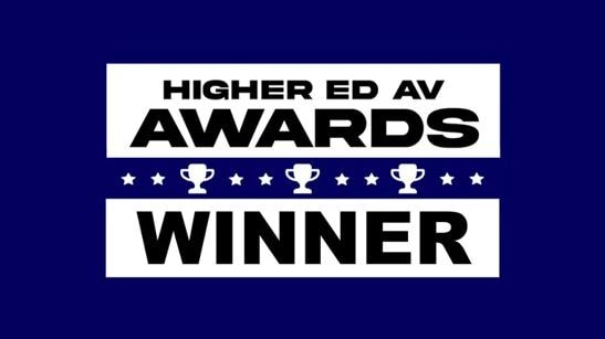 HIGHER ED AV AWARDS WINNER graphic with trophies and stars.