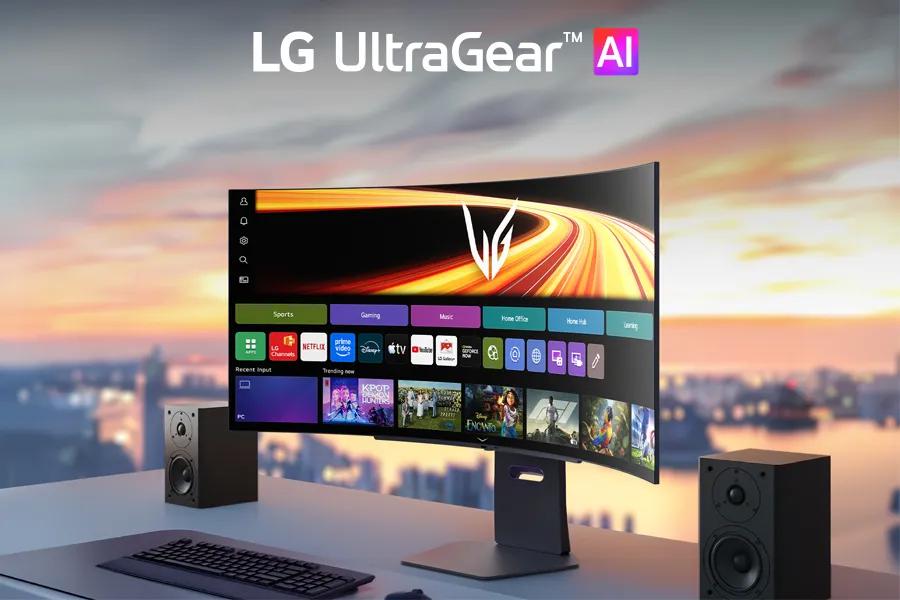 LG 45GX90SB-B UltraGear OLED Gaming Monitor with AI smart features showing streaming apps and content interface