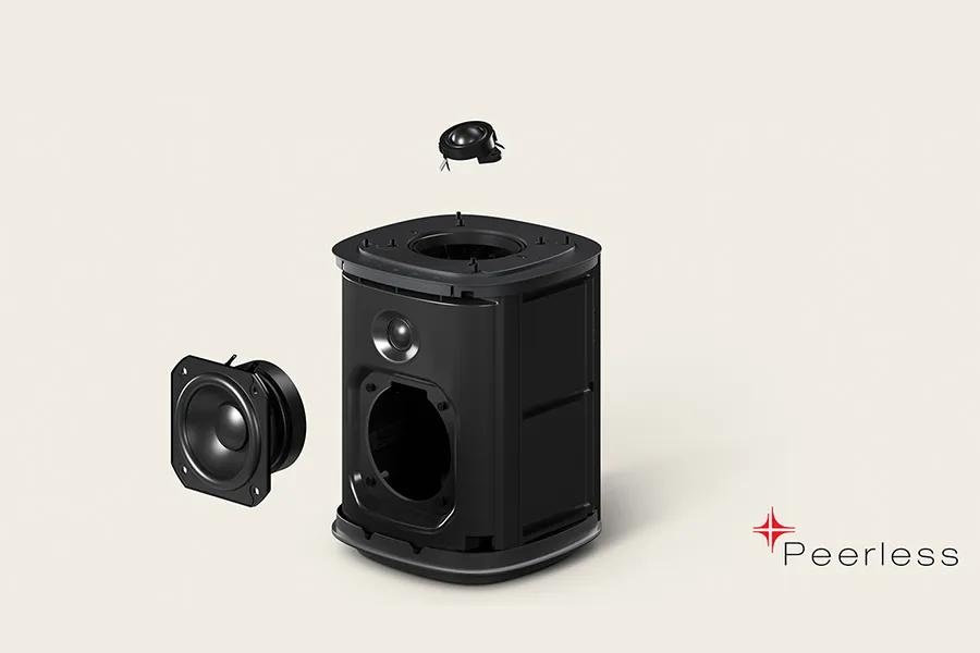 Image of an LG Sound Suite wireless speaker showing the tweeter nd woofer engineered by Peerless