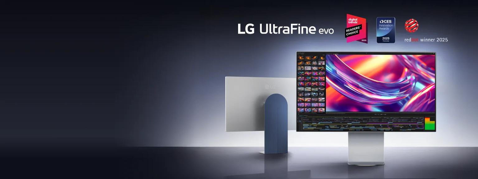 “LG UltraFine evo” title badge. A back and front profile of the monitor on a silver background. “Digital Trends Readers’ Choice 2025” badge. “CES Innovation Awards 2025” badge. Reddot winner 2025” badge.