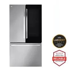 LG French door refrigerator with InstaView window. Next to it are two badges, one that says “LG’s largest capacity counter-depth fridge in its class among models with an external ice and water dispenser,” and another that says, “Brought to you by America’s most reliable line of appliances.”