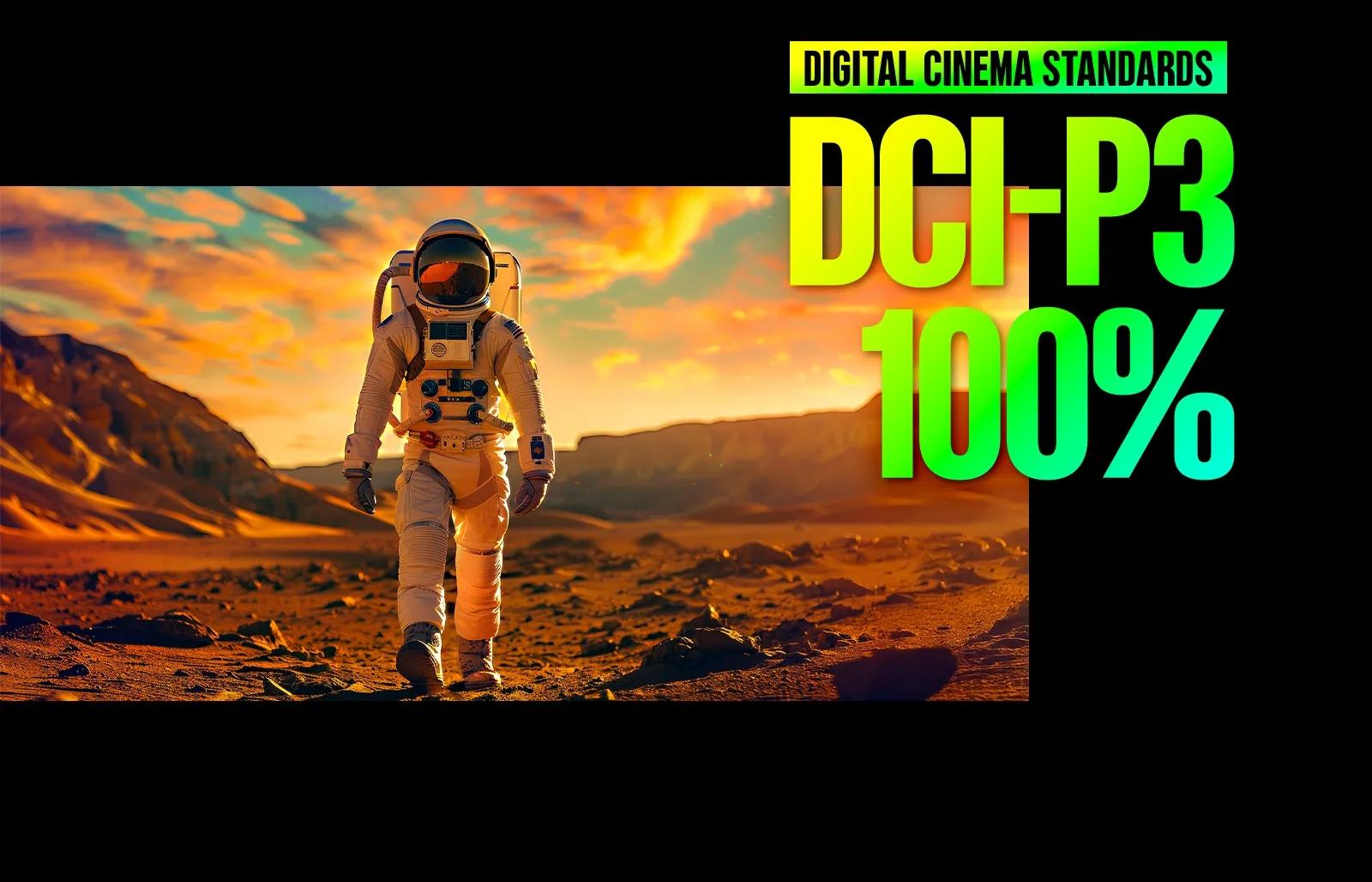 LG Micro RGB evo TV with certified triple 100% color coverage achieves DCI-P3 100% digital cinema standards, showing an astronaut crossing a desert at sunset to deliver rich HDR visuals and cinematic color expression.