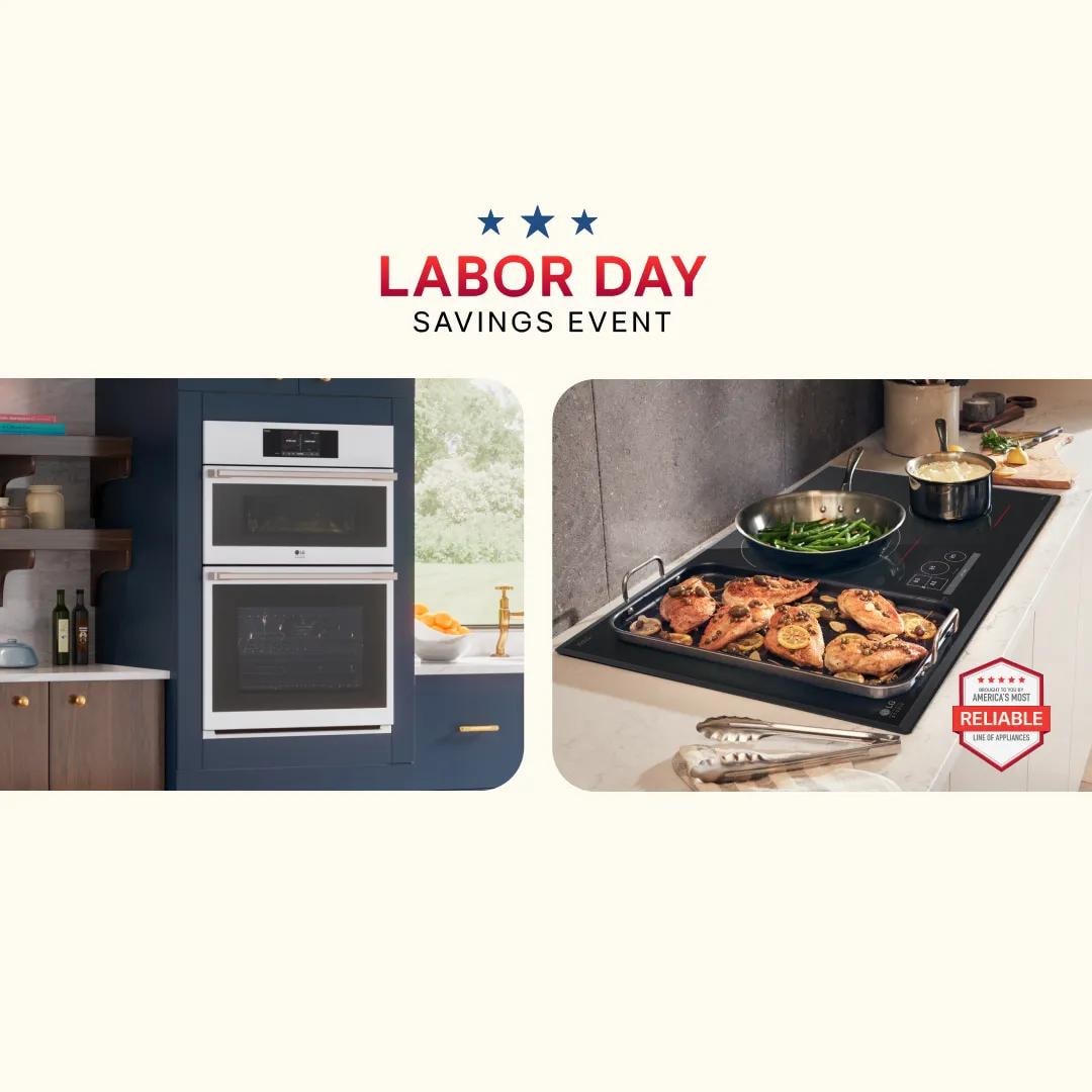 “Labor Day Savings Event” title badge. A group of cooking appliances on a stars and stripes background.