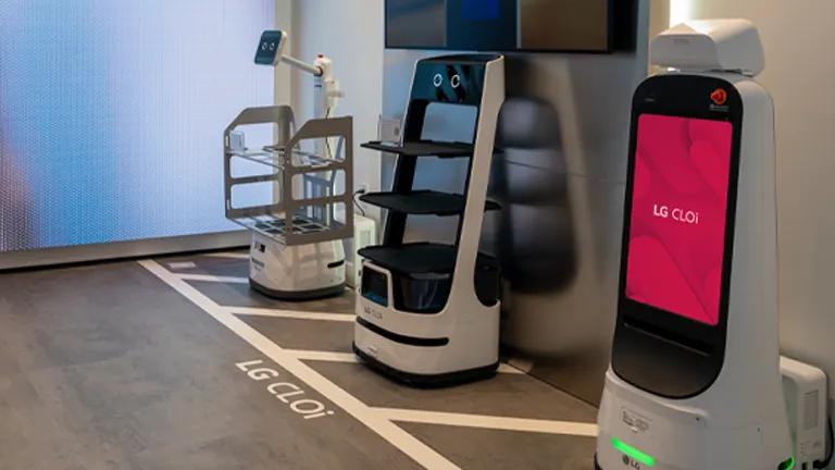 LG CLOi CarryBot, ServeCot, and GuideBot in the New Jersey Business Innovation Center.
