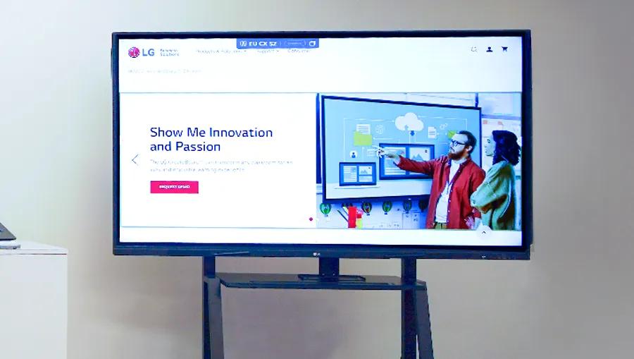 LG CreateBoard on display at the LG Atlanta Business Innovation Center. Its display shows the CreateBoard page of the LG website. 
