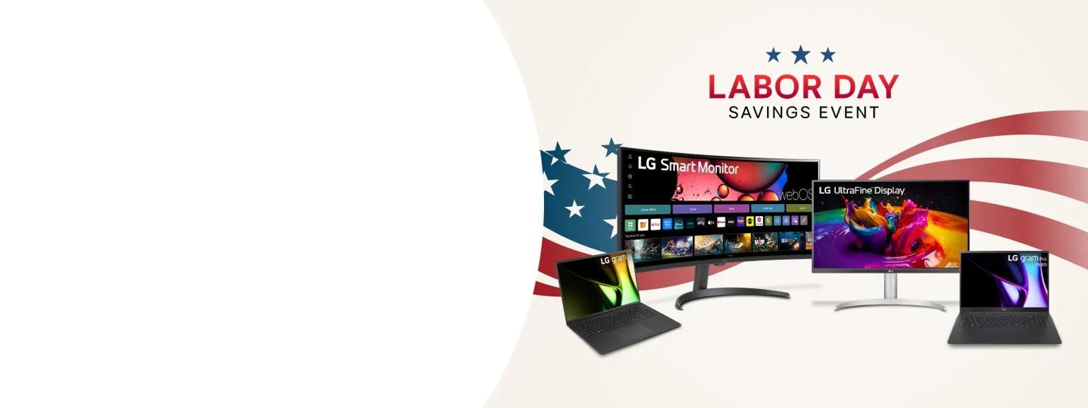 “Labor Day Savings Event” title badge. Various LG laptops and monitors appear on a stars and stripes background. 