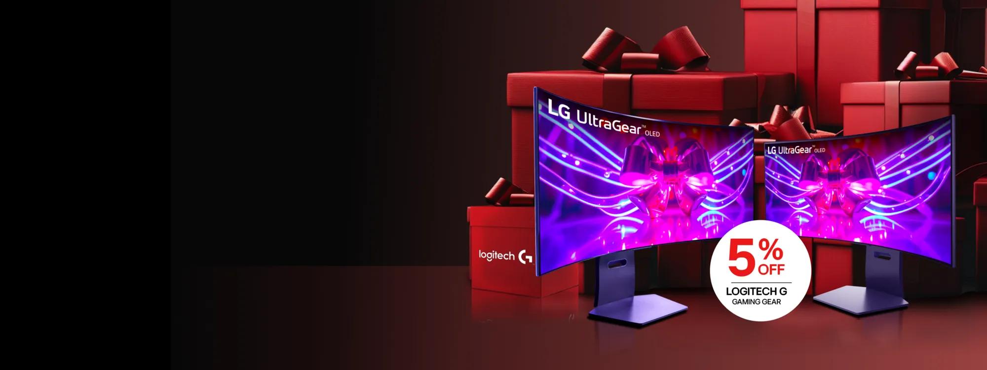 A badge reads 5% off Logitech G gaming gear”. 2 LG UltraGear OLED monitors appear side by side, with a gift box reading “Logitech” appearing beside them. Image appears in front of a graphic of a group of red gift boxes.