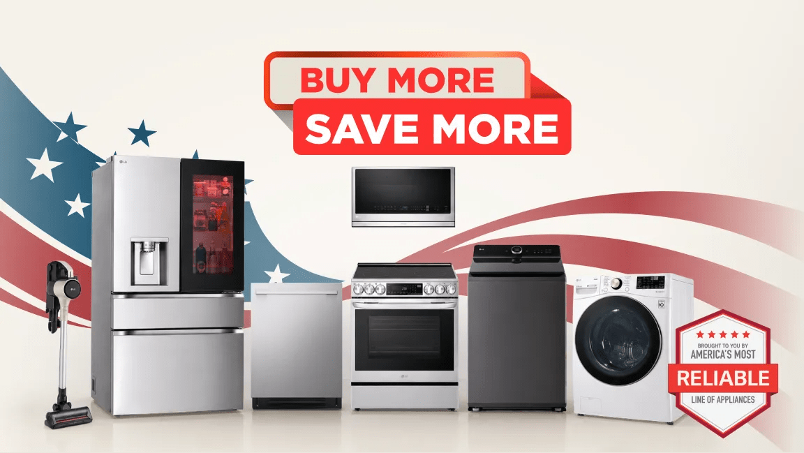 “Buy More, Save More” badge above group of home appliances on stars and stripes background. 
