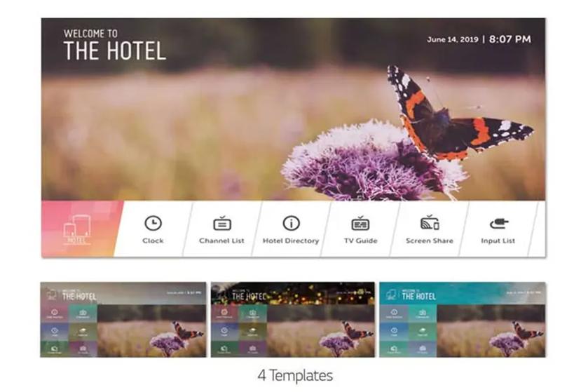 Four templates from LG Hospitality TV EZ Manager, all showing a Hotel TV interface with a butterfly on flowers background and navigation icons.
