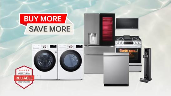“Buy More, Save More” title badge. A group of home appliances on a pool-theme background. “America’s Most Reliable Line of Home Appliances” badge below.  Buy 2 and get a $100 instant rebate
Buy 3 and get a $300 instant rebate
Buy 4 and get a $500 instant rebate
Buy 4 LG STUDIO models and get a $800 instant rebate ($500 + LG STUDIO BONUS $300)
Buy 5 or more LG STUDIO models and get a $1000 instant rebate ($500 + LG STUDIO BONUS $500)