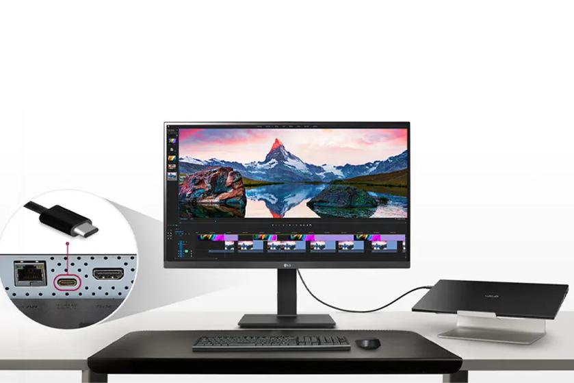 LG monitor displaying video editing software, with a USB-C cable connectivity feature highlighted.