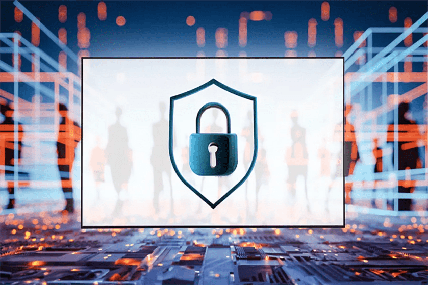 A digital shield with a padlock, set against a futuristic backdrop with network lines and silhouettes.